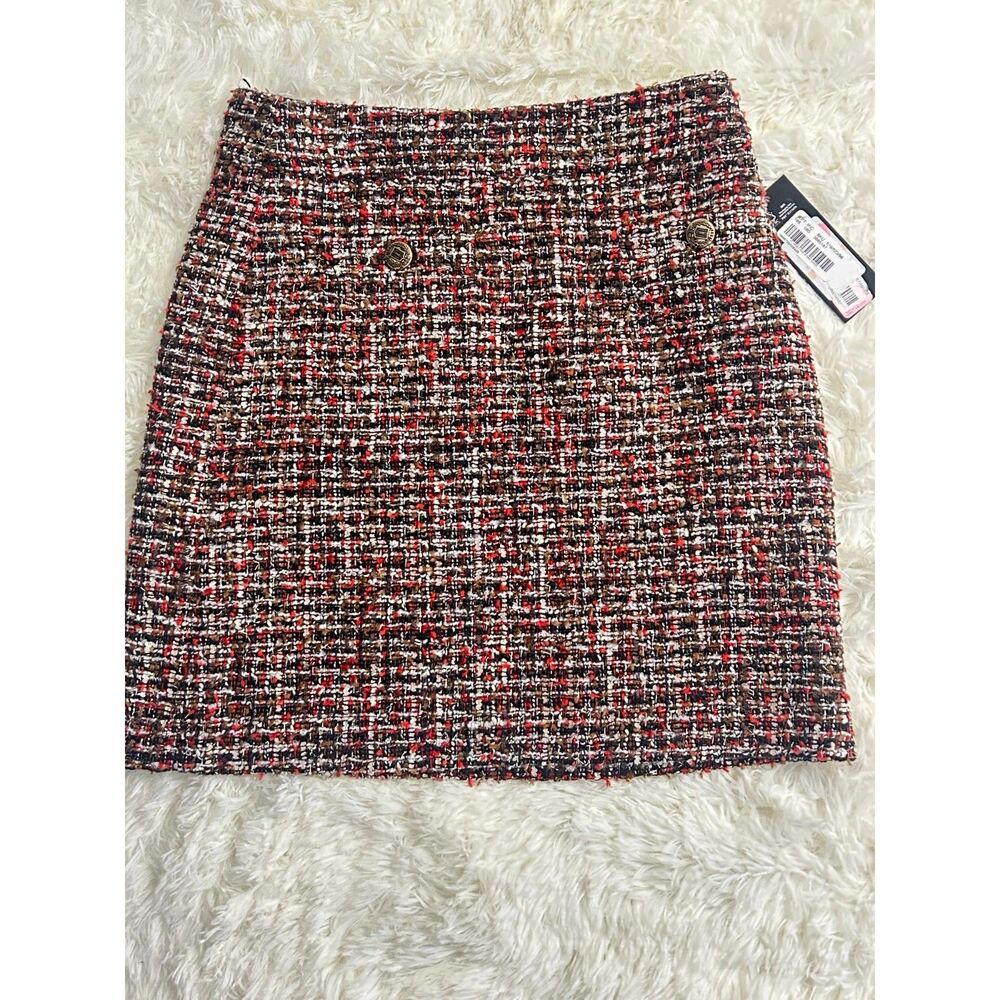 Karl Lagerfeld Paris Red Black Multi Tweed Boucle Mini Skirt Size 2